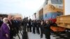 FILE - Turkey's President Recep Tayyip Erdogan, 2nd left, accompanied by his wife Emine, left, Azerbaijan's President Ilham Aliyev, 3rd left, and Georgia's Prime Minister Giorgi Kvirikashvili, 4th left, inaugurate the Baku-Tbilisi-Kars railway, at a ceremony in Baku, Azerbaijan, Oct. 30, 2017. 