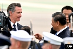 FILE —California Governor Gavin Newsom (L) greets Chinese President Xi Jinping (R) as he arrives at San Francisco International airport to attend the Asia-Pacific Economic Cooperation (APEC) leaders' week in San Francisco, California, on November 14, 2023.