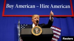 FILE - U.S. President Donald Trump speaks at a tool manufacturing company in Kenosha, Wisconsin, April 18, 2017, in a push to promote a greater reliance on U.S. workers and domestically-produced goods.