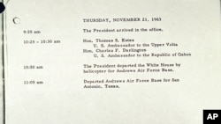 Photo shows the last White House appointment book entry for President John F. Kennedy, Nov. 21, 1963.