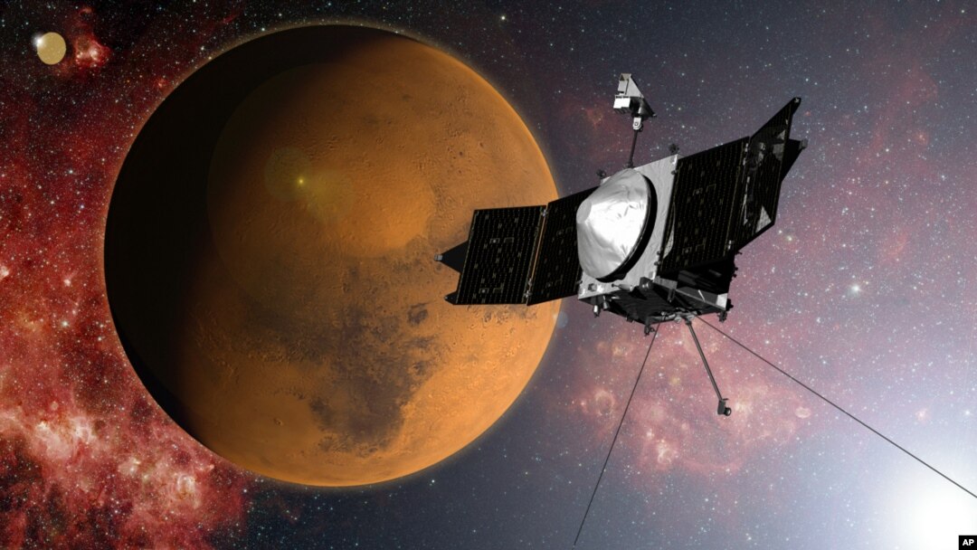 Ảnh do NASA cung cấp mô tả tàu vũ trụ MAVEN tiếp cận sao Hỏa.