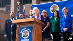 Dr. Barbara Ferrer, director of the Los Angeles County Department of Public Health, announces that six new cases of the coronavirus have been confirmed in the county, in downtown Los Angeles, March 4, 2020. 