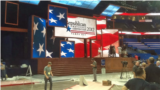 The stage and electronic backdrop for the Republican National Convention in the Tampa Bay Times Forum.