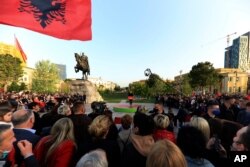 Albania's Prime Minister Edi Rama speaks to his supporters during a rally in Tirana, Albania, April 27, 2021.