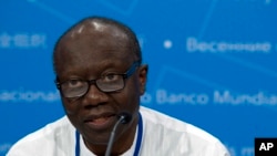 FILE — Ghana's Finance Minister Ken Ofori-Atta speaks during the G-24 news conference at the World Bank/IMF Spring Meetings, in Washington, Thursday, April 19, 2018. 