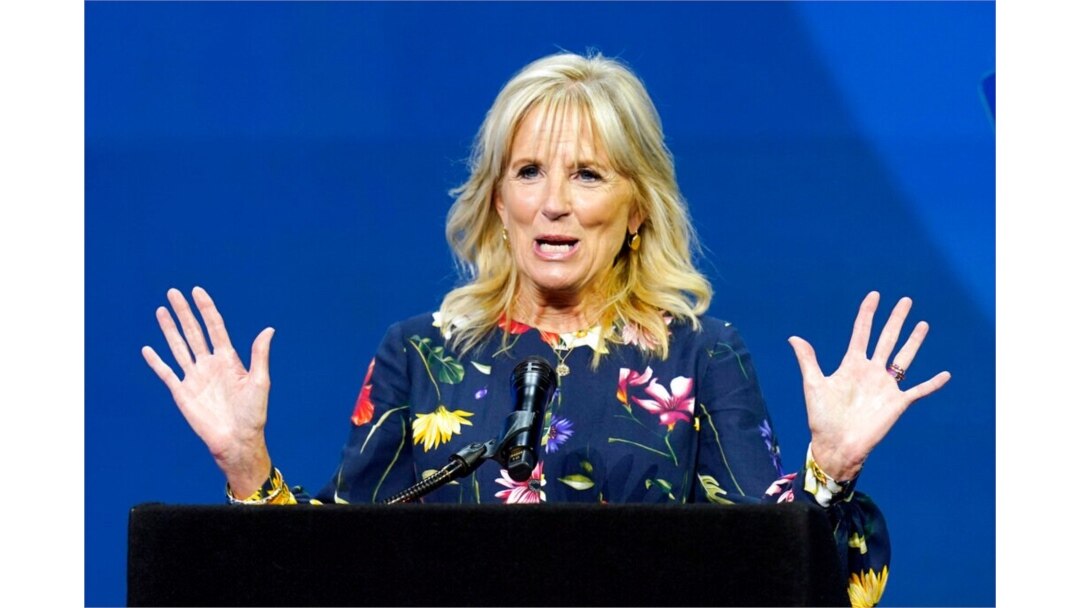FILE - First lady Jill Biden speaks at the 2021 Scripps National Spelling Bee in Disney World in Lake Buena Vista, Fla., July 8, 2021.