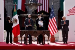 Vicepresidenta de Estados Unidos, Kamala Harris, asiste a firma de memorando de entendimiento con México. Asiste también el presidente mexicano, Manuel Andrés López Obrador, el martes 8 de junio de 2021.
