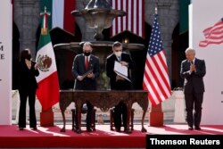 Vicepresidenta de Estados Unidos, Kamala Harris, asiste a firma de memorando de entendimiento con México. Asiste también el presidente mexicano, Manuel Andrés López Obrador, el martes 8 de junio de 2021.