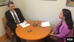 Daniel Rosenblum, Deputy Assistant Secretary of State for Central Asia in his office at the State Department talking to Navbahor Imamova, VOA Uzbek, January 20, 2014