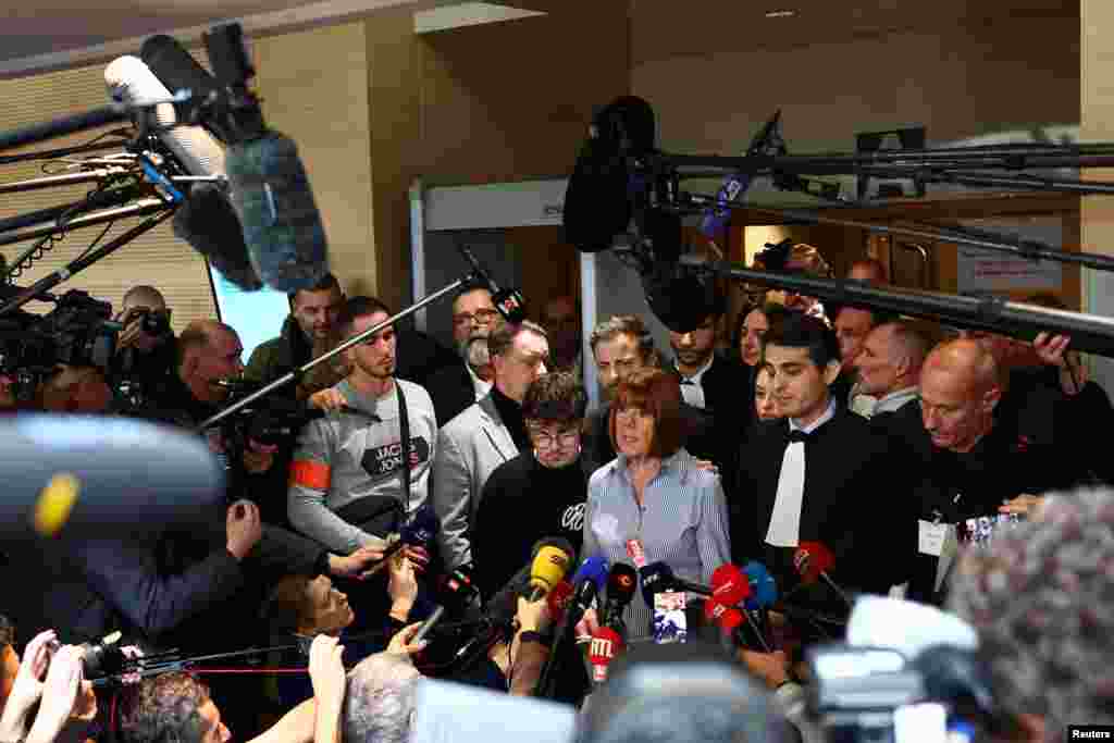 Gisele Pelicot, the victim of an alleged mass rape orchestrated by her then-husband Dominique Pelicot, talks to journalists after the verdict in the trial for Dominique Pelicot and 50 co-accused, at the courthouse in Avignon, France.