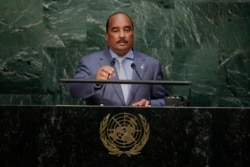 FILE - Mauritania's then-President Mohamed Ould Abdel Aziz speaks at the United Nations headquarters, Sept. 26, 2015.