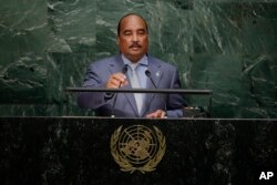FILE - Mauritania's then-President Mohamed Ould Abdel Aziz speaks at the United Nations headquarters, Sept. 26, 2015.