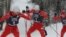 Johnny Spillane (left) leads a parade of three World Champions, Billy Demong and Todd Lodwick (right) at the Olympic Trials at Howelsen Hill in Steamboat Springs, Colorado