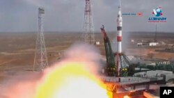 The Soyuz-2.1a rocket booster with Soyuz MS-16 space ship carrying a new crew to the International Space Station, ISS, blasts off at the Russian leased Baikonur cosmodrome, Kazakhstan, April 9, 2020.