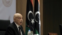 FILE - Aguila Saleh, Libya's parliament president, speaks during the first session at parliament headquarters in Benghazi, Libya, April 13, 2019.