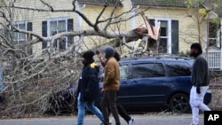 Un grupo de personas caminan frente a un auto sobre el que se derribó un árbol durante una tormenta en Issaquah, estado de Washington, el 20 de noviembre de 2024.