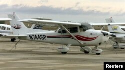 FILE - Picture of a Cessna 172, similar to the one piloted by Bill Fitzpatrick which was discovered crashed in forested, mountainous terrain in Cameroon last year.