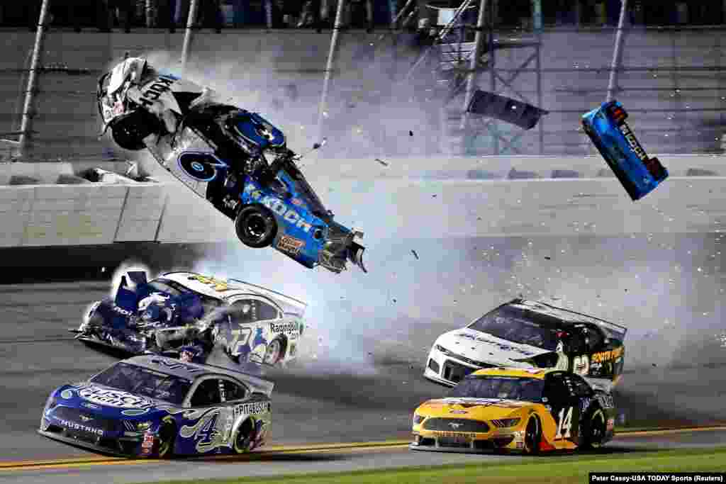 NASCAR Cup Series driver Ryan Newman (6) crashes during the Daytona 500 at Daytona International Speedway in Daytona Beach, Florida, Feb. 17, 2020.