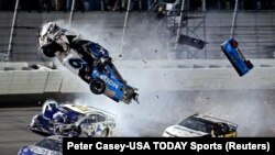 NASCAR Cup Series driver Ryan Newman (6) crashes during the Daytona 500 at Daytona International Speedway in Daytona Beach, Florida, Feb. 17, 2020.
