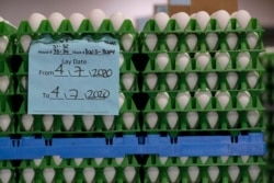 FILE - Eggs are staged for packaging at Wilcox Family Farms, April 9, 2020, in Roy, Wash. The average retail price of eggs was up nearly 40% for the week ended April 18, compared to a year earlier, according to Nielsen data.