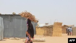 Une femme porte du bois sur la tête du camp informel de Yawuri à la périphérie de Maiduguri, capitale de l'État de Borno, le 29 mars 2021.