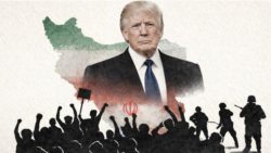 도널드 트럼프 대통령의 모습과 이란 지도를 배경으로, 아래에는 시위대와 이를 진압하는 보안군의 대치 장면을 상징적으로 표현되어 있다.