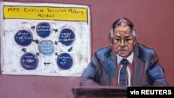 Minneapolis Police Department Sgt. Ker Yang answers questions as a police training chart is shown on the seventh day of the trial of former Minneapolis police officer Derek Chauvin, in Minneapolis, Minnesota, April 6, 2021, in this courtroom sketch. 