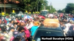 Para peternak membagikan ayam mereka secara gratis agar pemerintah mau turun tangan, Yogyakarta, Rabu, 26 Juni 2019. (Foto: Nurhadi Sucahyo/VOA)
