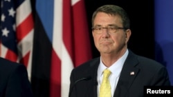 U.S. Secretary of Defense Ash Carter listens during a news conference in Tallinn, Estonia, June 23, 2015.
