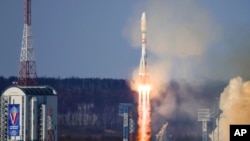 FILE - A Soyuz-2.1b rocket blasts off at the Vostochny Cosmodrome outside Tsiolkovsky, Amur region, Russia, Feb. 29, 2024. Russia will launch two Iranian satellites into orbit using a Soyuz launcher on Nov. 5. (Roscosmos)