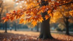 고요한 공원 풍경 속 황금빛 단풍잎 이미지