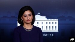 FILE - Administrator of the Centers for Medicare and Medicaid Services Seema Verma waits in the James Brady Press Briefing Room of the White House, April 7, 2020.