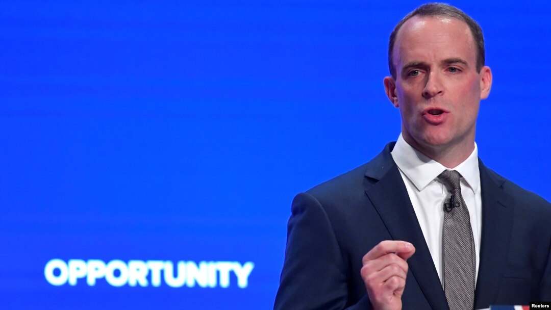 Britain's Secretary of State for Exiting the European Union Dominic Raab delivers his keynote address to the Conservative Party Conference in Birmingham, Britain, Oct. 1, 2018. 