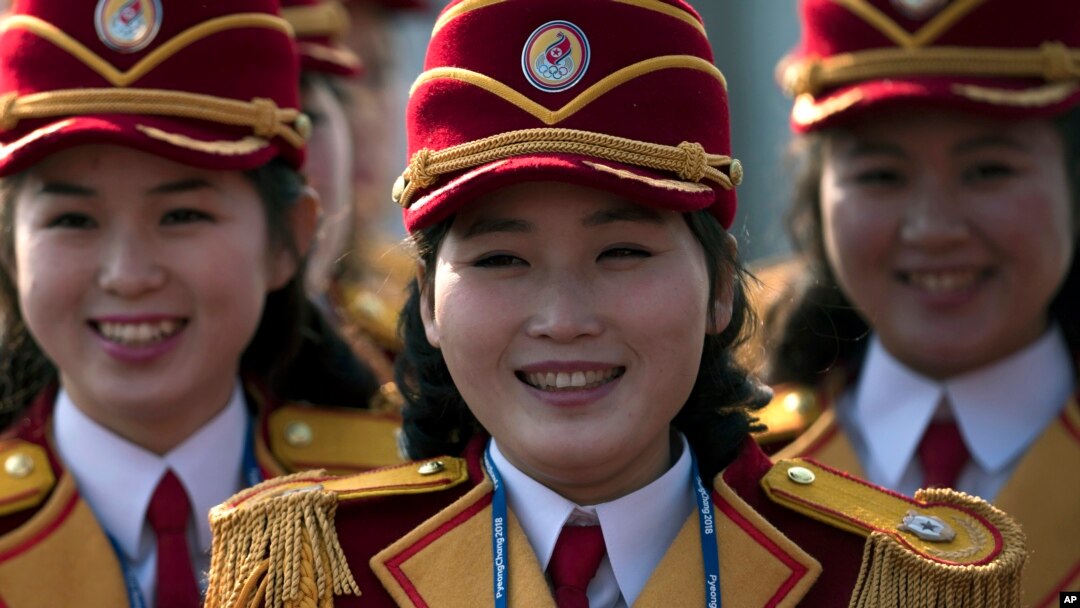 Members of the North Korea cheering group gather before a welcome ceremony inside the Gangneung Olympic Village prior to the 2018 Winter Olympics in Gangneung, South Korea, Feb. 8, 2018. 
