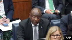 FILE - South African President Cyril Ramaphosa speaks during the UN Climate Ambition Summit on the sidelines of the 78th United Nations General Assembly at UN headquarters in New York City on September 20, 2023.