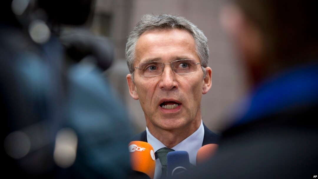 FILE - NATO Secretary-General Jens Stoltenberg is seen speaking at a press conference in Brussels.