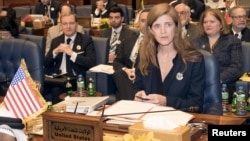 U.S. Ambassador to the United Nations Samatha Power attends the Third International Humanitarian Pledging Conference for Syria in Bayan Palace, Kuwait City, Kuwait, March 31, 2015. 