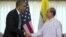 US President Barack Obama, left, shakes hands with Burma's President Thein Sein in Rangoon, Burma, Nov 19, 2012.