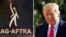 In this combination photo, the SAG-AFTRA logo appears on screen at the 26th annual Screen Actors Guild Awards on Jan. 19, 2020, in Los Angeles and President Donald Trump walks to board Marine One on the South Lawn of the White House on Jan. 12, 2021.