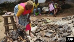 Alice Jallabah, head of a bushmeat seller group, holds dried bushmeat on October 7, 2014 in Monrovia, Liberia. The Ebola outbreak has resulted in a ban on eating bushmeat. 