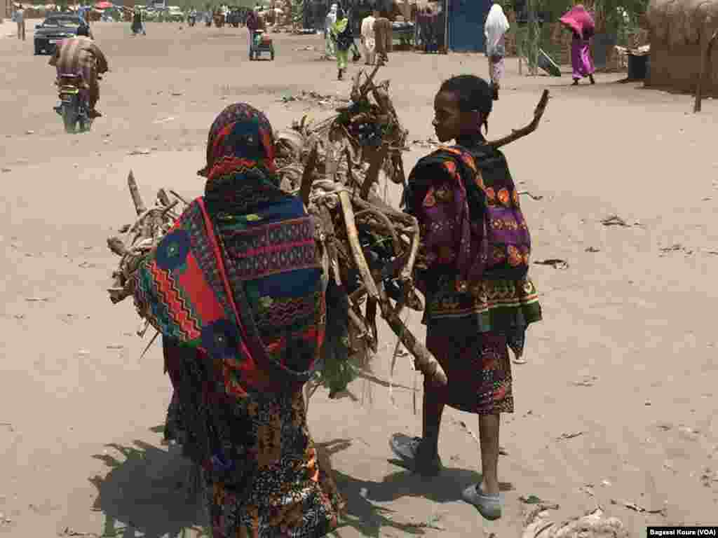 Des adolescents suivants un âne portant des effets, Bol, Tchad, 1er avril 2016.