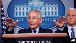 Dr. Anthony Fauci, director of the National Institute of Allergy and Infectious Diseases, speaks about the coronavirus in the James Brady Press Briefing Room of the White House, April 1, 2020, in Washington.