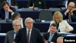 European Commission President Jean-Claude Juncker delivers a speech during a debate on the Future of Europe at the European Parliament in Strasbourg, France, Feb. 6, 2018. 