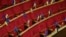 Ukrainian and EU flags are seen before a session of parliament in Kyiv Nov. 21, 2013.