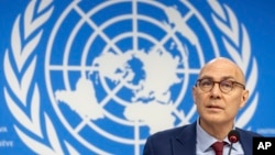 FILE - U.N. High Commissioner for Human Rights Volker Türk talks to the media, at the European headquarters of the United Nation in Geneva, Dec. 9, 2024.