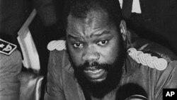 Lieutenant Colonel C. Odumegwu Ojukwu, then military governor of East Nigeria, center, is pictured addressing a press conference at the state house in Engu, Nigeria, in this May, 1967 file photo.