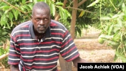 South Sudanese environmentalist turned farmer Paul Alim Amuol holds a mango on one of the 800 trees on his farm in Bor, Jonglei state. 