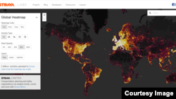 Strava公司跟GPS联通的身体锻炼装置所收集的信息在互联网上发布的全球体热地图。