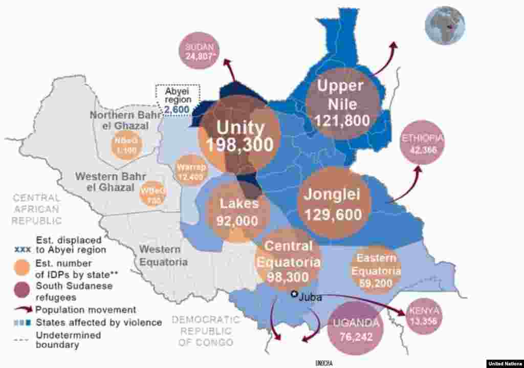 The U.N. Office for the Coordination of Humanitarian Affairs (OCHA) says that as of Feb. 17, 2014, more than 716,000 people are displaced inside South Sudan and another 156,800 people have fled to nearby countries.