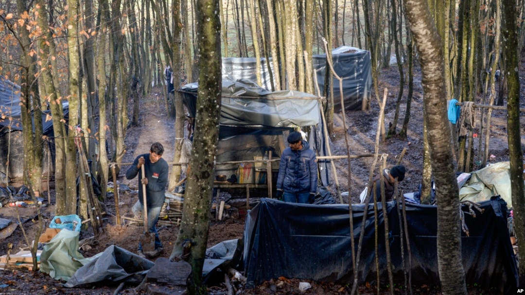 Migranti prave sklonište od plastičnih prekrivača i drveta u improvizovanom kampu u šumi pored Velike Kladuše, Bosna i Hercegovina, 5. januara 2021.